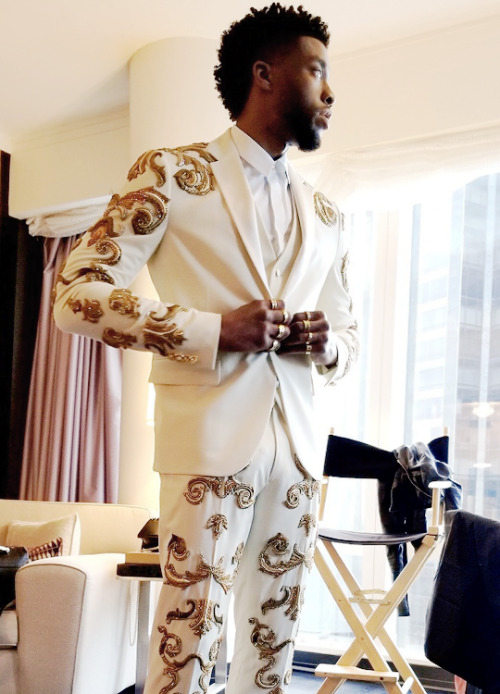 wesleygasm:Chadwick Boseman getting ready to attend the Heavenly Bodies: Fashion & The Catholic 