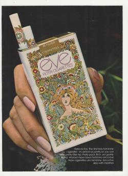 fromjanet:  1971 Eve Filter Cigarettes Advertisement   i don&rsquo;t smoke tobacco 😷 but the box and the cigarettes are so pretty i want