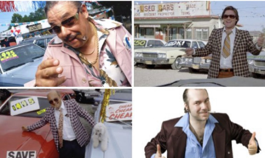  a compilation of four images of used car salesman. they all look greasy and scummy.