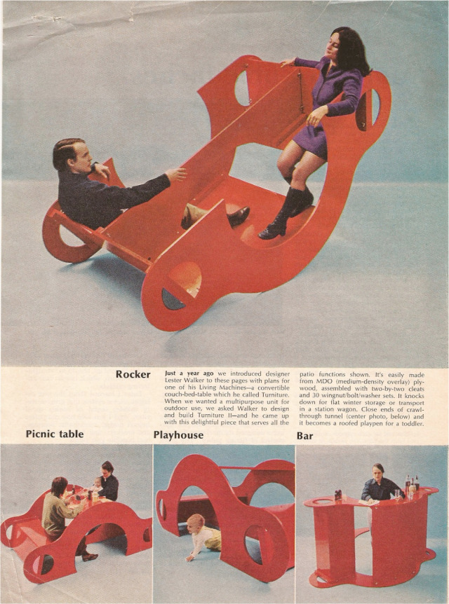 Turniture II, a 4-in-1 convertible outdoor furniture project by architect Lester Walker, which was published in the July 1970 issue of Popular Science. #funiture#invention#fun#vintage#1970s#1970