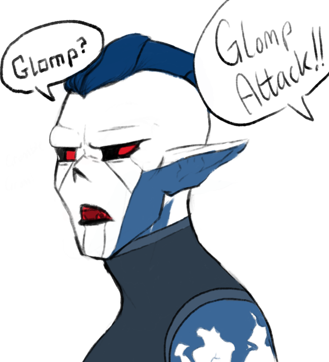 Hordak turns, looking over his shoulder as a text cloud reads "GLOMP ATTACK". Horak's text cloud says "Glomp?"