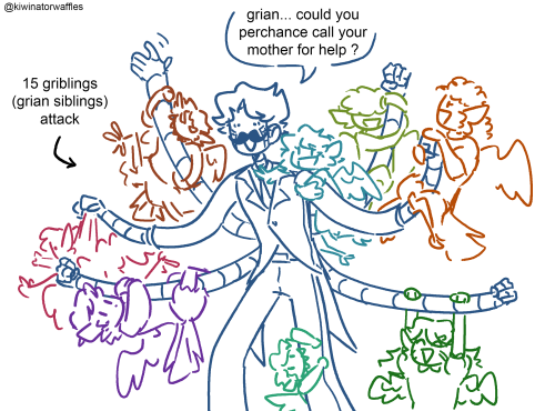 The first part of a five-part comic. Mumbo stands in the center of the canvas with all of his six robot arms deployed, and various avian children hang off his limbs. He says, "grian... could you perchance call your mother for help?" There is an arrow pointing to the drawing that reads "15 griblings (grian siblings) attack"