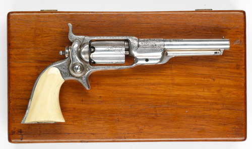 A cased and factory engraved Colt Root Model 1855 with ivory grips. Presented from Colt Manufacturin