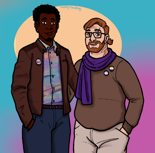 [ID: A digital drawing of two original characters, Aiyden and Ben. Aiyden is a tall, thin, Black man