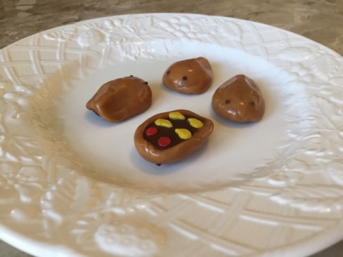 aquatthewailord:Caramel, chocolate, and Nutella Kabuto candies!The shells got a little messed up bec