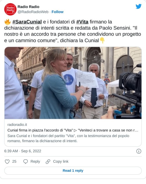 🔥 #SaraCunial e i fondatori di #Vita firmano la dichiarazione di intenti scritta e redatta da Paolo Sensini. "Il nostro è un accordo tra persone che condividono un progetto e un cammino comune", dichiara la Cunial👇https://t.co/0LHOyKpG0w  — Radio Radio (@RadioRadioWeb) September 6, 2022