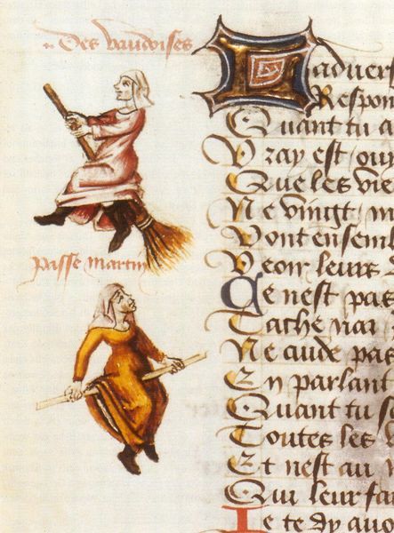 irisharchaeology:The earliest known illustration of a witch on a broomstick in the 1451 manuscript, 