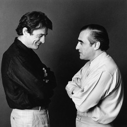paintdeath:avagardner:American actor Robert De Niro and director, screenwriter and producer Martin Scorsese, photographed by Didier Olivré, 1985.  Literally both of my fathers…