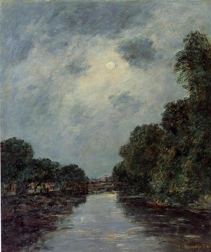 The Somme near &rsquo;D'Abbeville - Moonlight - Eugene Boudin 1894Impressionism