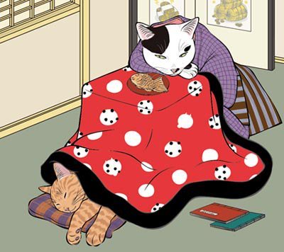 Edo cats enjoying kotatsu (picture by). Those heated tables are a winter treat for cats, they just l