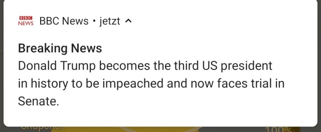 a notification from bbc news saying that donald trump is the third u.s. president to be impeached