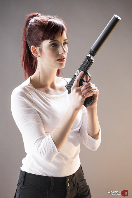 weaponoutfitters:  The beautiful Susan Coffey with a customized and suppressed M&P with Gemtech suppressor.Get a match grade, threaded barrel for your M&P pistol with us to support our efforts to up our girls and guns ante! 