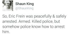 land-of-propaganda:#BlackLivesMatter  Eric Frein, known cop killer who was armed at the time, was safety apprehended recently. While these five young men were shot within minutes.  (10/31) 