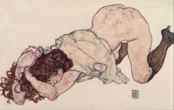 jacquesbonhomme:Egon Schiele - ‘Kneeling Girl, Resting on Both Elbows’ (1917)