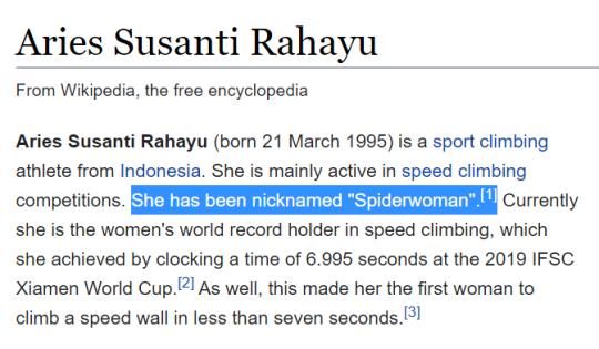 eowyntheavenger: justeasing:  randomslasher:  theunimpairedcondition: So, the women’s speed climbing world record got smashed today by Aries Susanti Rahayu (@AriesClimber). 6.995 s. First posted sub 7 sec time (with a splinted middle finger!). Amazeballs!
