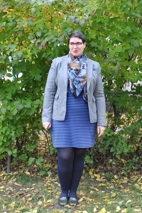 with-a-rare-device: Dress: Old Navy Blazer: Banana Republic Scarf: H&amp;M Shoes: Naturalizer Po