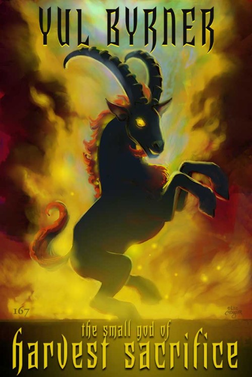 smallgodseries: [image description: A flame-maned black goat with huge curved horns and glowing gold