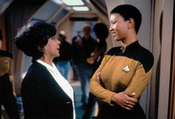 fuckyeahsavagesistas:  Nichelle Nichols with real NASA astronaut Mae Jemison on the set of STAR TREK: THE NEXT GENERATION – 1993  &ldquo;Second Chances&rdquo; 1993 Mae Jemison was the first African American woman to travel in space aboard the ENDEAVOUR