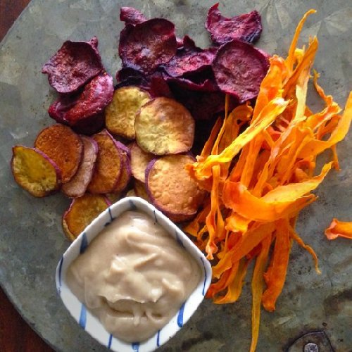 happyvibes-healthylives:  Baked Vegetable Chips with Tahini Dip