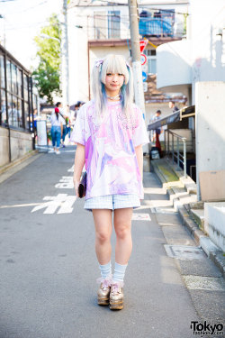 tokyo-fashion:  Kyaori on the street in Harajuku with silver-blue twintails, a Candye Syrup x Amu art tee, and ribbon-laced Liz Lisa platforms. Full Look 