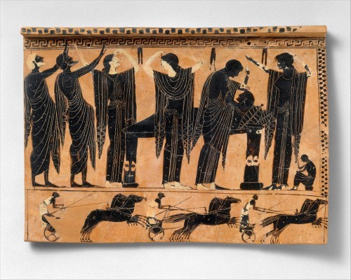 Attic black-figure terracotta funerary plaque.  Above, a scene of prothesis (laying out of the dead 