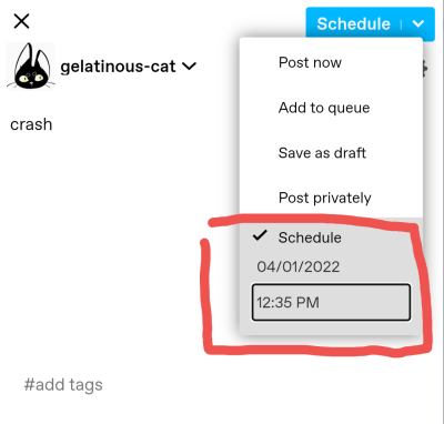 demonboyhalo:gelatinous-cat:hiveswap:go-learn-esperanto:hiveswap:hiveswap:hiveswap:Could we crash tumblr if we all posted the word “crash” on the 1st of april 2022, 12:35 EST?Everyone schedulePmDoing it again since I accidentally put the wrong