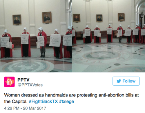 micdotcom: Women wore red ‘Handmaid’s Tale’ robes to Texas Senate in protest of anti-abortion bill Protesters in the Texas Capitol made a silent statement on Monday when they showed up to the Senate chambers dressed in the red robes and white bonnets,
