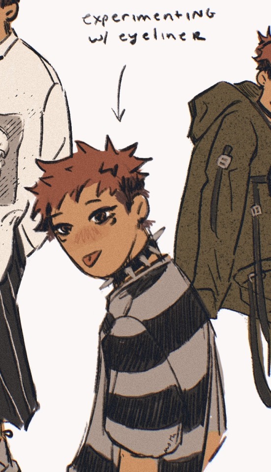 yuuji's shown from the waist up, hands in his pockets as he looks over his shoulder and pokes his tongue out playfully. he's wearing a grey-and-black striped tshirt and has heavy eyeliner around his eyes. he's also wearing a studded choker. an arrow points to him and says "experimenting w/ eyeliner".