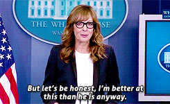 janel-moloney:Allison Janney takes over White House press briefing as her character CJ Cregg from Th