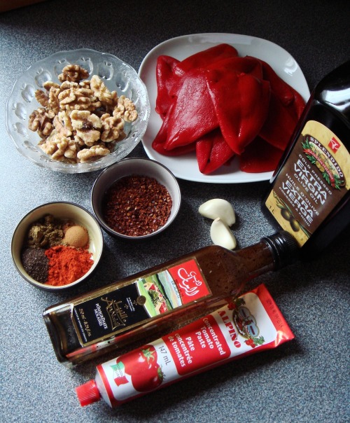 Muhammara yields 1 ½ cup
Ingredients  • 375g roasted red pepper
• 50g bread crumbs (I usually just take from my stash in the freezer)
• 1 clove of garlic
• 4 tablespoons pomegranate molasses
• 3 tablespoons olive oil
• 2 tablespoons double strength...