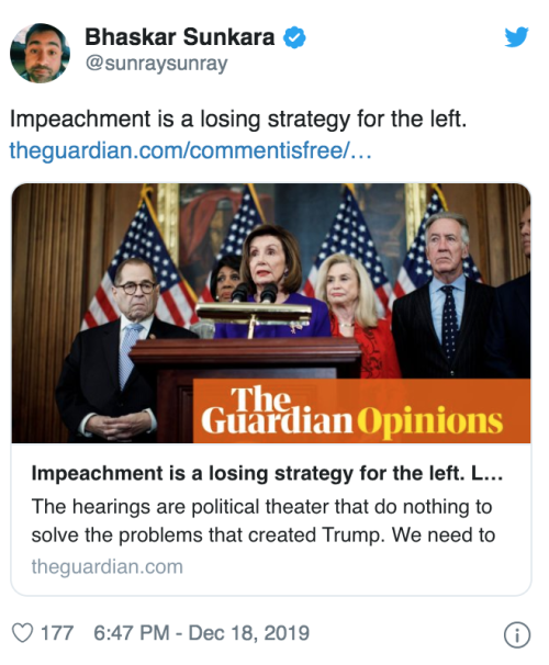 First Image: Tweet from Jacobin Magazine and Bernie Sanders supporter who now opposes impeachmentSec