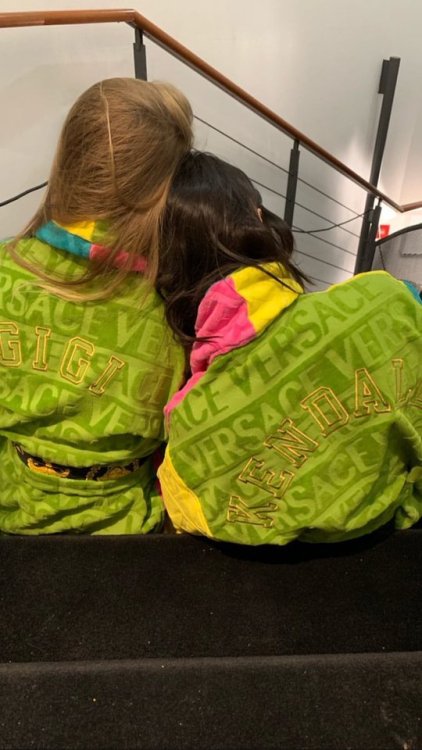 Gigi Hadid and Kendall Jenner at Versace Backstage in Milan, 22 february 2019.