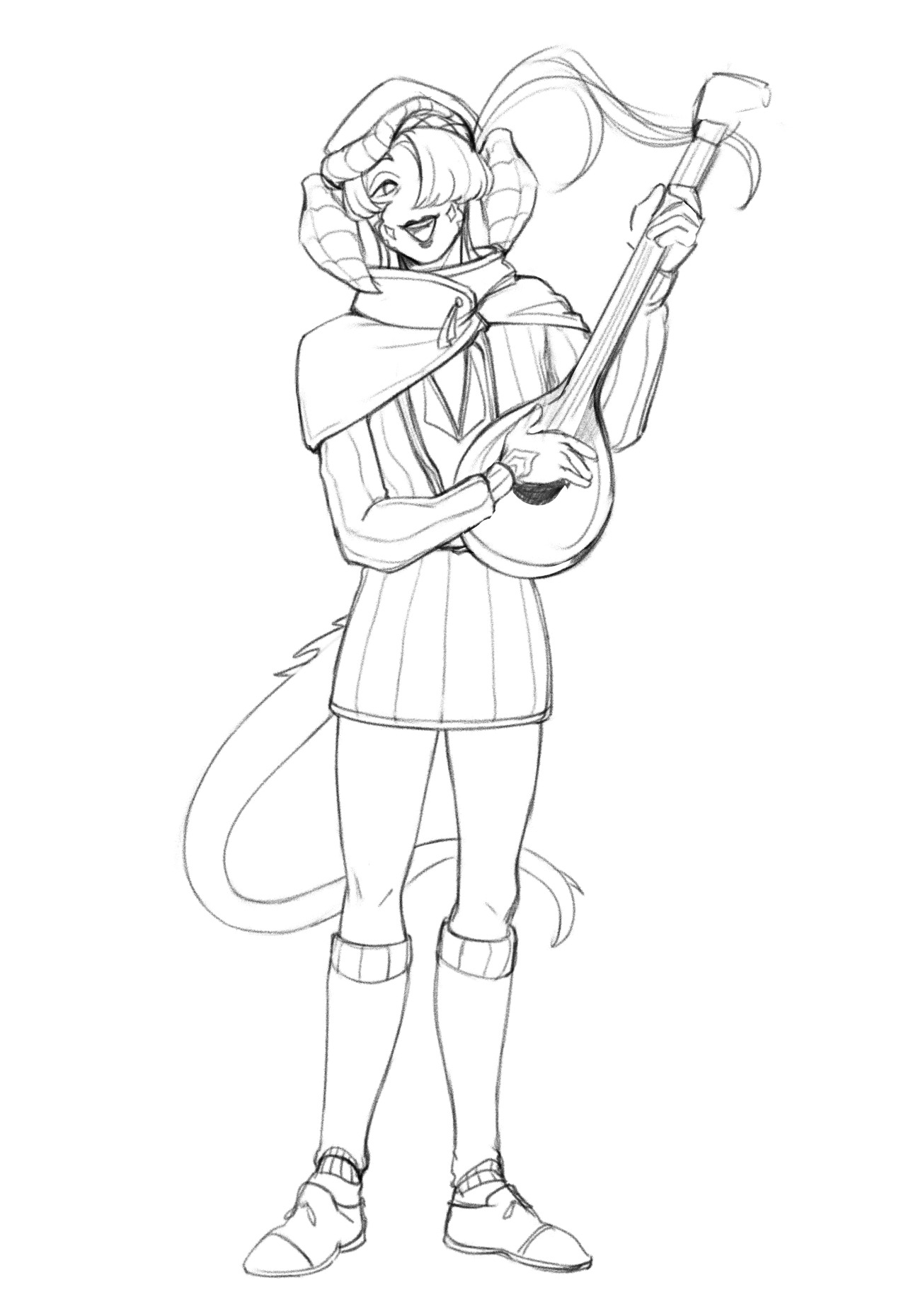 This is a digital fullbody sketch of my Raen Au Ra character from Final Fantasy XIV, drawn with a pencil-like brush. On a white background, a masc presenting character sings happily while playing a stringed instrument. Their hair covers one of their eyes. They have big, scaly horns on both sides of their head, and a thin lizard-like tail. They wear multiple layers of clothing ; a cape over their shoulders, a vest covering a shirt that reveals their chest and ends in a skirt, tight-fitting pants and leg warmers. A beret with a long feather covers their head.