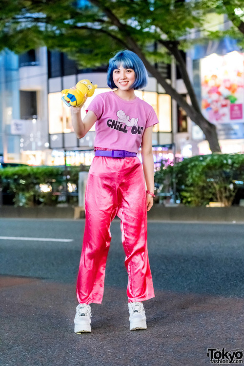 Ayumi on the street in Harajuku wearing a Casper The Ghost t-shirt from One W Oh (the shop where she