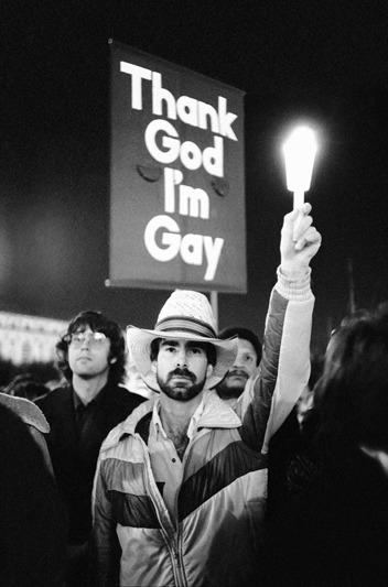 mrdingo:“THANK GOD I’M GAY,” Timothy Hough (foreground) and other activists, AIDS vigil, San Francis