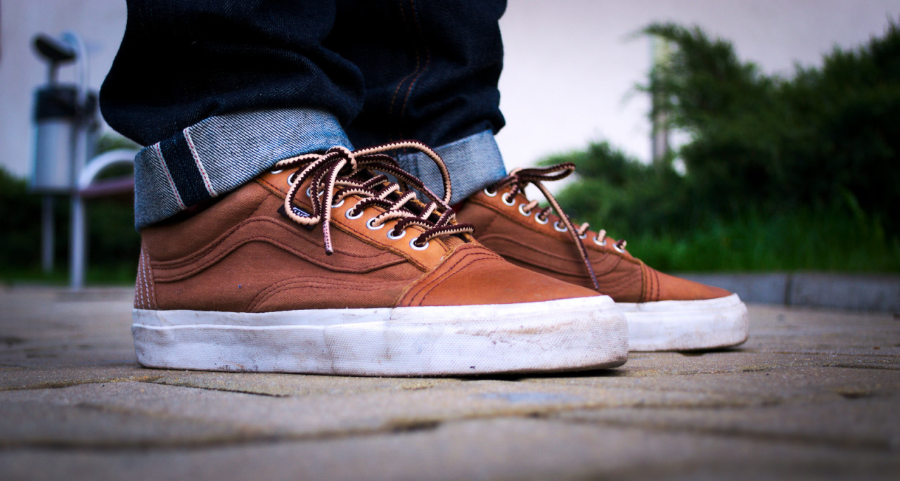 brown vans on feet