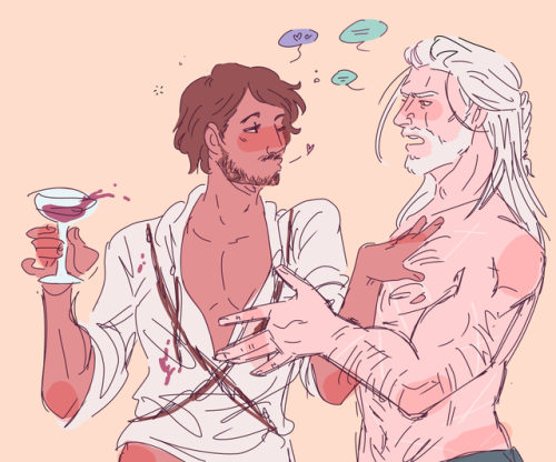 tomiyeee:me drawing geralt and dandelion: they own only one shirt and have to share it between the t