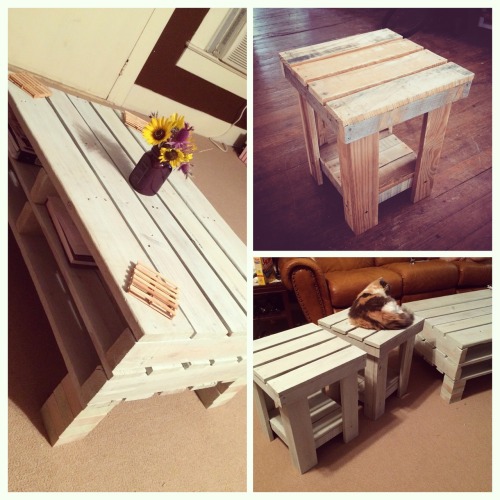 brittanymclemoreart:  Here are my finished end tables completed and not-so-white-washed to match my coffee table (left) I built earlier this summer. Cat approved.  Make me some lol