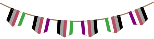  [image description: six different cartoon-style bunting graphics, featuring six pride flags hanging