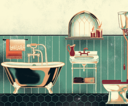 The bathroom!  And also the first one I&rsquo;ve ever drawn, I think? Gotta love claw-