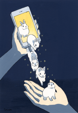 schinako:   Day 21. Drain（流れ出る）Blue eyed bunnies coming out of a smartphone.  