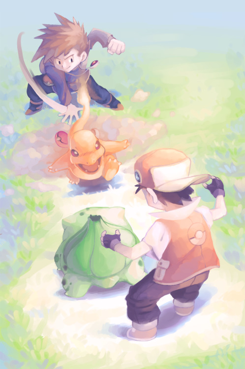 morkittenart:Pokémon - Red vs Green/BluePainting experiment over this Ken Sugimori artwork , tried t