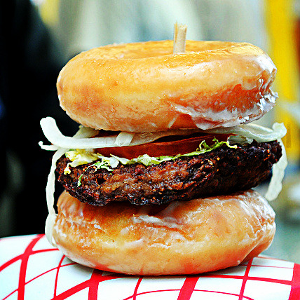 everybody-loves-to-eat:  The Luther Burger aka The Donut Burger This hybrid food has disputed origins, but most say it was a favorite of the late, great Luther Vandross (hence the name) and one of these, depending on toppings, can run you 1,000 or more