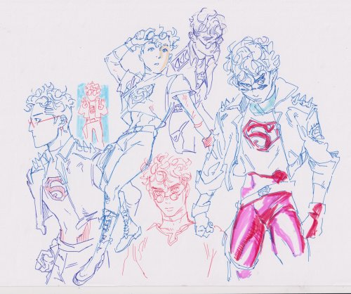 Several loose blue and red pen sketches of superboy 94 looking cool and/or menacing and/or adorable