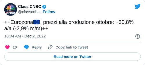 ++Eurozona🇪🇺, prezzi alla produzione ottobre: +30,8% a/a (-2,9% m/m)++  — Class CNBC (@classcnbc) December 2, 2022