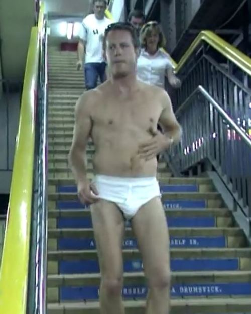 jckybriefs4me:  Today’s journey-  Max takes the subway and boards a plan in just his Jock