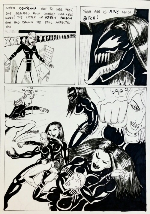 SYMBIOTE SURPRISE page 06  Kate springs her trap and attacks Centennia! In her drugged state, our fearless heroine is unable to land her blow, and Kate locks in a dreaded judo choke - the KATA HA JIME! Known to followers of late 90s pro wrestling as the