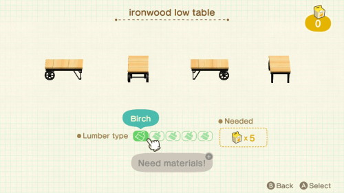 Item: ironwood low table# of customizations: 5 Customization names: birch, teak, walnut, old, oakCus