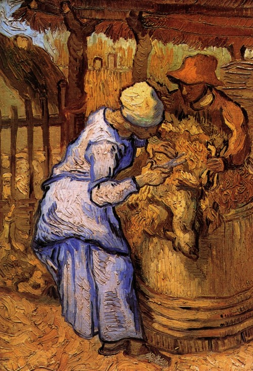 vincentvangogh-art:  Sheep-Shearers, The after Millet, 1889 Vincent van Gogh 