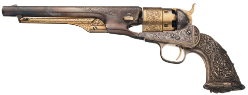 Engraved gold and silver plated Colt Model 1860 Army percussion revolver with ornate cast grip.  Ame